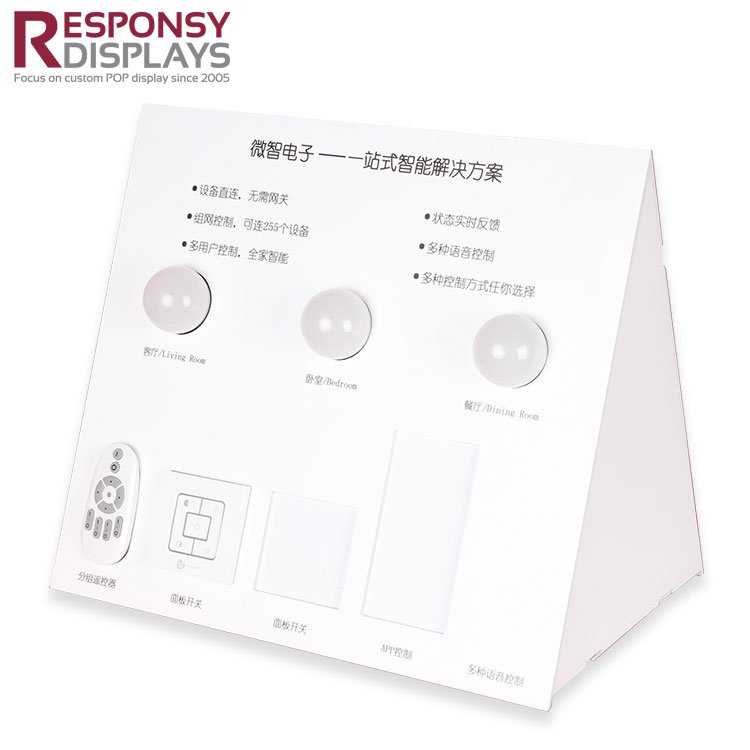 高质量经济型台面白色PVC三角形展示架，用于智能开关